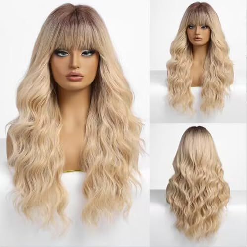 EMMOR Ombre Blonde Perücken mit Pony, lockige Damenperücke, lange hitzebeständige Perücke für den täglichen Gebrauch, natürlich und bequem