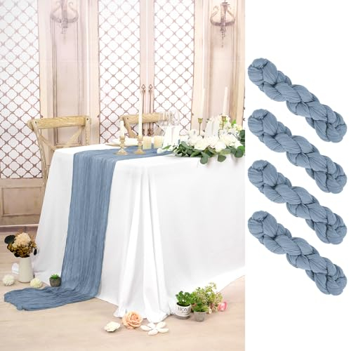 Lot de 4 Chemins de Table en Étamine Bleu Poussiéreux, 90 x 300 cm, Tissu Gaze Rustique Bohème, Longue Nappe pour Mariage, Fête, Décoration