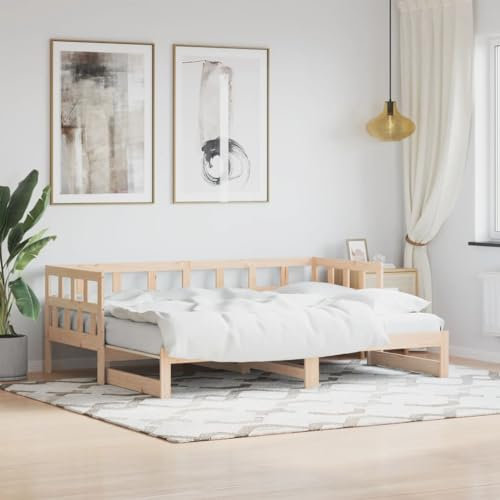 DJEKA Tagesbett Ausziehbar Gästebett klappbar Ausziehbares Bett Schlafcouch ausziehbar Schlafsofa Sofabett Bettsofa Bettgestell Massivholz Kiefer-Natur-90 x 190 cm