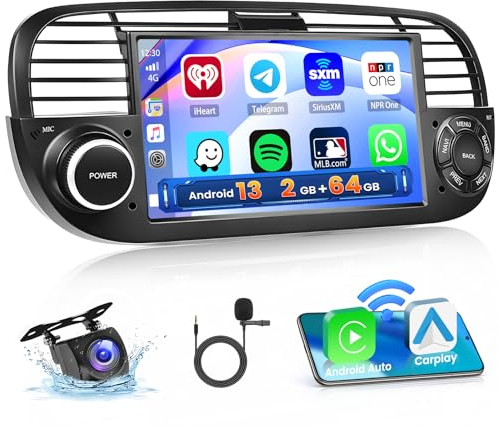 Hikity 2+64GB Android Autoradio mit Navi für FIAT 500 2007-2015 Radio Wireless Carplay Android Auto, 7 Zoll Touch Display Auto Radio Unterstützt Bluetooth WiFi Mirror Link FM RDS Radio Rückfahrkamera