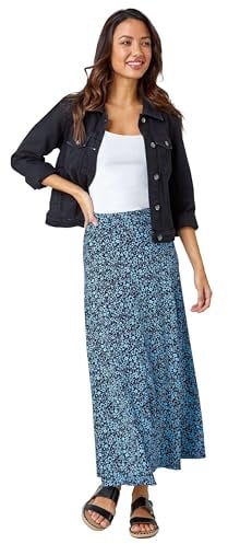 Roman Originals Jersey Skirt for Women UK - Ladies Midi Maxi Floral Animal Print Autumn Winter Swing Smart Casual Work Office Cocktail Party Going Out Evening Holiday Cruise - Blue & Navy - Size 12