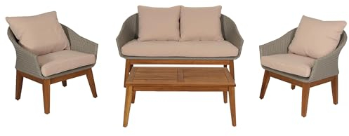 Mendler Gartengarnitur HWC-N37, Garten-/Lounge-Set Sofa Sitzgruppe, Poly-Rattan Holz Akazie - grau, Kissen beige