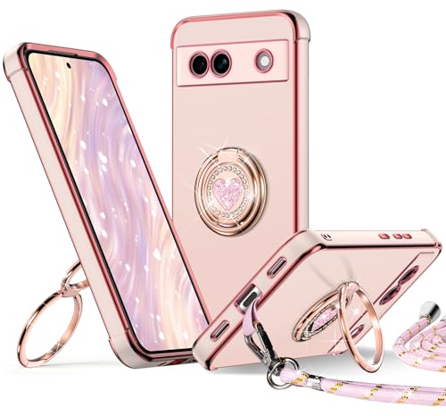 XYZ für Google Pixel 7A Hülle mit Band, Herz Doppelring Ständer HandyHülle Handykette Frauen Mädchen Dünn Stoßfeste Anti-Kratzt SchutzHülle für Pixel 7A Case, Rosa