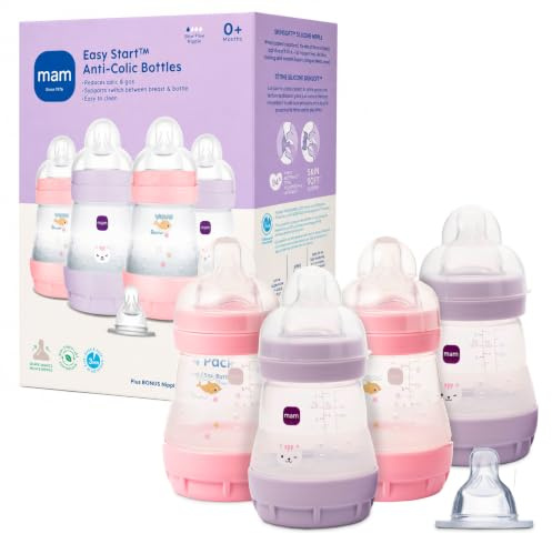 MAM 5oz Easy Start Anti-Colic Wide Neck Vented Baby Bottle, Slow Flow Breastfeeding-Like Nipple,Reduces Colic Gas & Reflux, Easy Clean, BPA Free,0+ Months, Made in Europe,Bonus Medium Flow Nipple