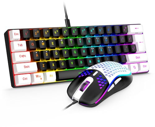 RedThunder 60% Gaming Keyboard and Mouse Combo, Ultra-Compact 61-Key RGB Backlit Mini Keyboard, Lightweight 7200 DPI Honeycomb Optical Mouse, RGB Wired Gaming Set for PC PS5 Xbox Gamer(Black-White)
