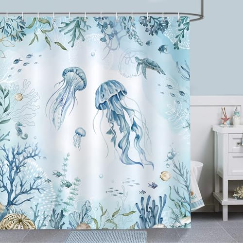 Bonhause Duschvorhang Qualle Blau Ozean Meeresschildkröte Strand Küste Duschvorhänge 180 x 180 cm Anti-Schimmel Wasserdicht Polyester Stoff Waschbar Bad Vorhäng für Badzimmer mit 12 Haken