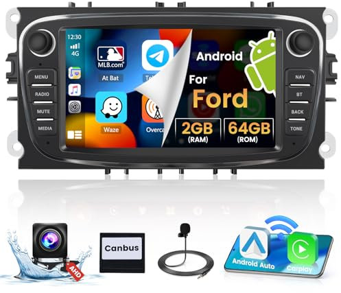 [2G+64G] Hikity Android 15 Radio Coche para Ford Focus/S-MAX/Mondeo 9/Galaxy II/C-MAX/Kuga con Wireless CarPlay Android Auto Bluetooth Autoradio con 7 Pantalla táctil GPS WiFi RDS FM SWC AHD Cámara