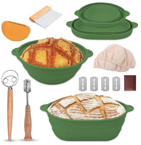 Sourdough Baking Baskets, 9 Inch Round & 10 Inch Oval Foldable, Dough Whisk, Steel & Silicone Scrapers, Sourdough Starter Kit (Green)