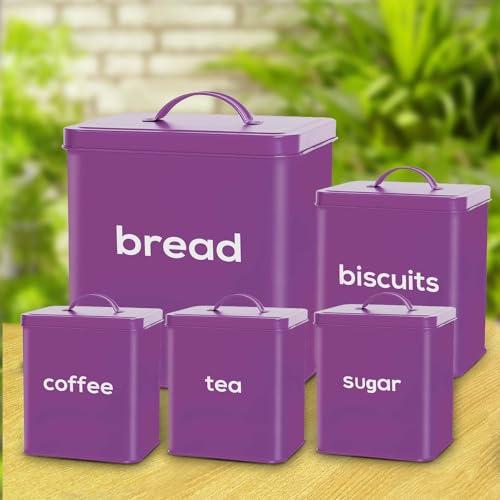 Crystals Purple 5-Piece Rectangular Bread Bin Set - Bread Bin, Tea, Coffee, Sugar & Biscuit Canisters - Modern Storage Containers