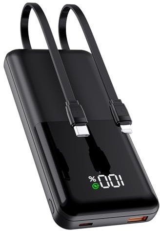 Power Bank 20000mAh, Doble 22,5W de Batería Externa Carga Rápida con Cables Integrados, USB-C Cargador Portatil con Pantalla LED y 4 Salidas Compatible con iPhone Samsung Xiaomi