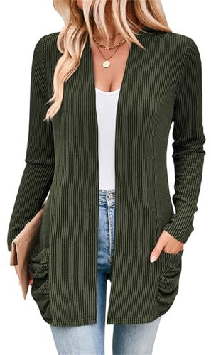SotRong Cardigan a coste da donna uk cardigan leggero a maniche lunghe aperto davanti casual tinta unita accogliente morbido coprente con tasche, Verde militare, S
