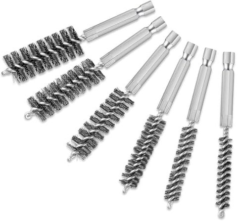 6Pcs Stainless Steel Round Pipe Cleaner Brush Wire Sturdy Wire Brush Hex Shank Durable Twisted Wire Cleaning Brush for Tubes, Ports, Bearings
