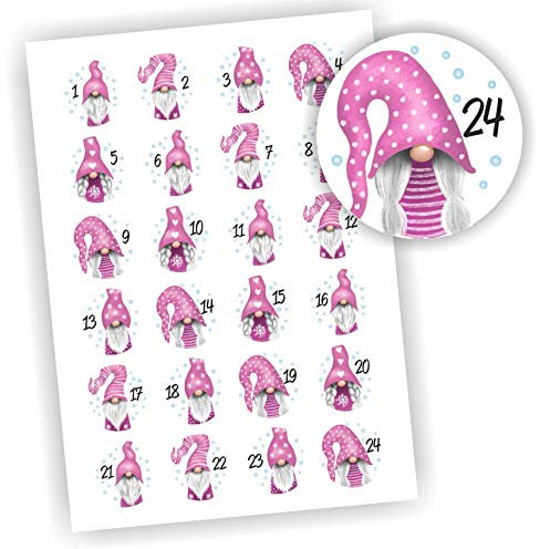 24 Aufkleber 1-24 Advent Adventskalender Zahlen Weihnachten Sticker Wichtel Rosa
