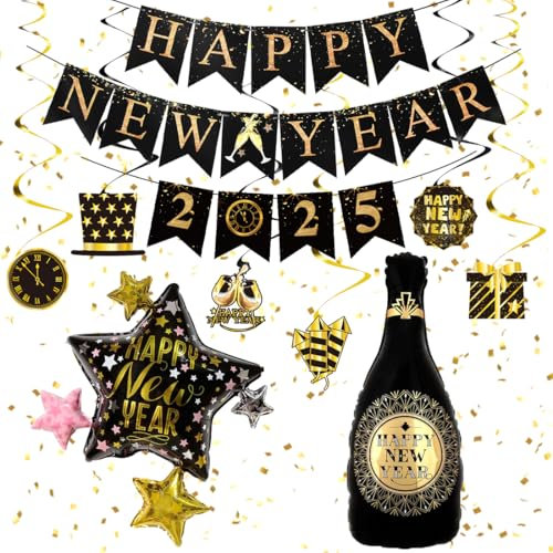 Silvester Deko 2025 XXL Set, Neujahr Silvesterdeko Schwarz Gold, Happy New Year 2025 Girlande, Folienballons, Spiral Deckendeko, Fotorequisiten Accessoire für Silvesterparty Dekoration Neujahrsdeko
