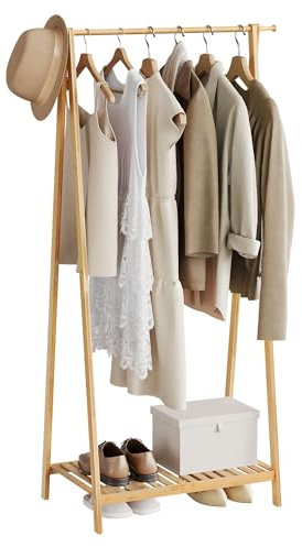 eSituro Portant à Vêtement, Penderie Vêtement, Porte Manteau sur Pieds, Dressing en Bambou, Tringle Vêtements avec Étagère à Chaussures, 82x42x154,5cm
