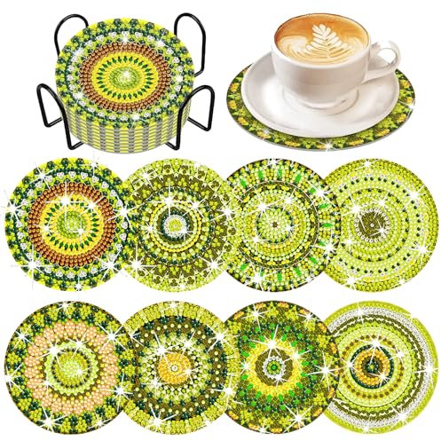 Diamond Painting Untersetzer Mandala Mit Halter, 8 Stück DIY Diamant Art Gelb Grün Untersetzer,Wiederverwendet Diamant Tassenuntersetzer für Anfänger, Erwachsene & Kinder