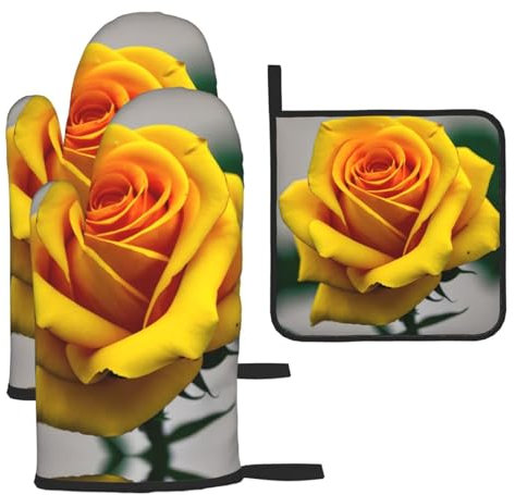 Set di guanti da forno e presine da cucina con stampa di rose gialle, antiscivolo