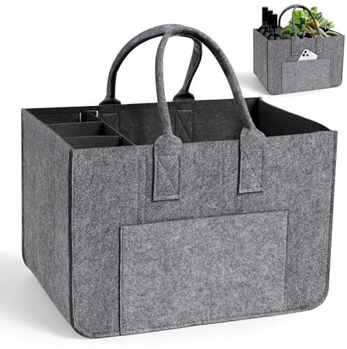 Haiane Filztaschen Shopper aus 4mm Filz – Tragekorb mit Griffen – Filztasche mit Fächern für Strand, Auto, Picknick, Robuster Tragekorb als Einkaufswagentasche, Mutti Korb (Grau & Dunkelgrau)