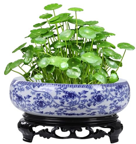 Muzrunq Planteur de Bol 6-7 Plancheur hydroponique en céramique Chinois avec Base en Plastique exquise et Rustique Pot de Plante pour Lotus, lys à Eau, Succulent