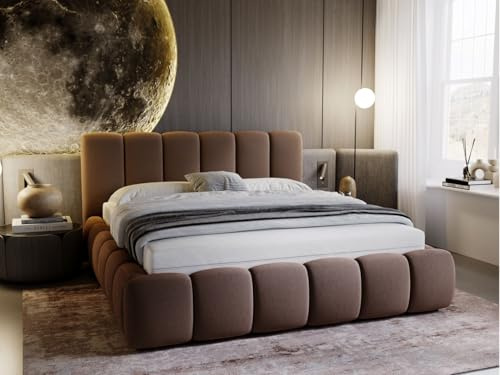 GRAINGOLD Cloud Bett 140x200, Polsterbett ohne Bettkasten, Polsterbett mit Stauraum, Samt, mit Lattenrost, mit Kopfteil, ohne Matratze (Braun, 140x200)