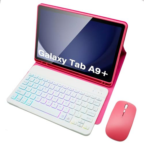 Funda Teclado para Samsung Galaxy Tab A9 Plus De 11 Pulgadas (SM-X210/X216/X218), Español Ñ Teclado Extraíble con Retroiluminación Arcoíris De 7 Colores, Ratón Y Soporte para S Pen,Rojo