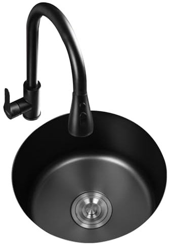 HUIBBGO Fregadero pequeño de un Seno Redondo con Isla de Bar, Fregadero de un Seno pequeño de Acero Inoxidable para Cocina, Fregadero doméstico con Grifo, sifón, negro-40