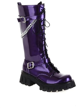 GHSIRUEU Damen Stämmiger Absatz Schnüren Wade Kniehohe Armee Biker Militärstiefel