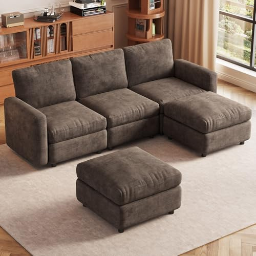 Guyii Modulares Ecksofa aus weichem Veloursstoff in Braun, Eckcouch mit Hocker und Stauraum im Fußteil, bequemes Sofa für Wohnzimmer, modernes Sofa, vielseitige Sofas & Couches