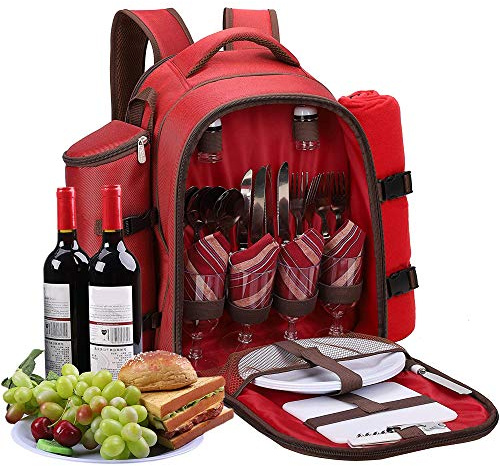 apollo walker Picknickrucksack 4 Personen Picknick Set (Set & Decke) Thermotasche Kühltaschen für Camping, Strand, Wandern Rot