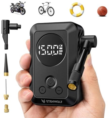 ETENWOLF Mini Electric Bike Pump,10.34 BAR Portable Bicycle Air Pump | With Presta & Schrader Valves&Pressure Gauge Fast Inflate & Auto Stop Bicycle Pump, Fits Bikes, Motorcycles, Sport Balls