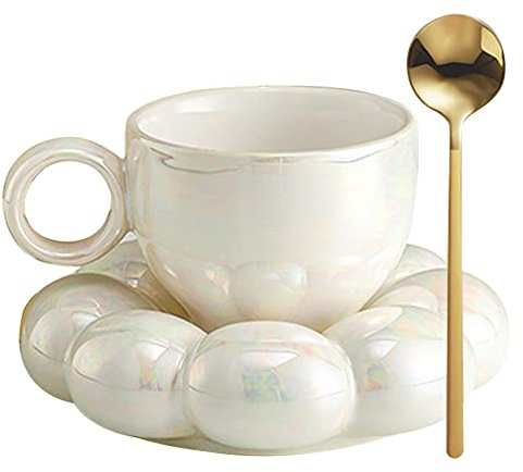 Tasse de tournesol, tasse à café en céramique avec cuillère nuage de tournesol voyage avec soucoupe thé l'après-midi 200ML pour latte, cappuccino blanc