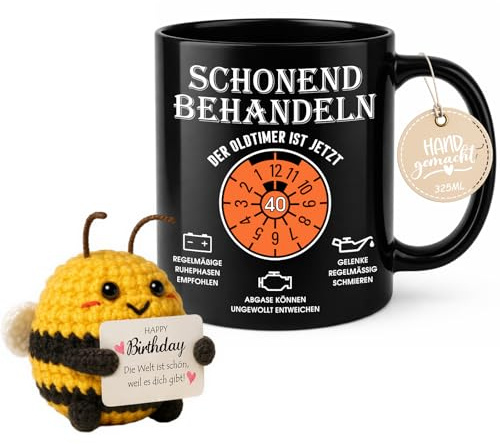 Farbeele 40. Geburtstag Geschenke für Männer, 325ml Tasse Becher mit Strick-Deko Fröhliche Biene Glücksbringer, Lustige Kaffeetasse Geburtstagsgeschenk für Männer Papa Kollege Freund, Schwarz
