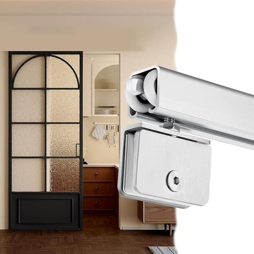 Herrajes Puertas Correderas Kit Herrajes Puertas Granero Puertas Vidrio, Kit Completo Rieles Personalizables Puertas Madera Montaje Techo, Herrajes Riel Caja Lisos Antipinzamiento(138cm/4.5ft)