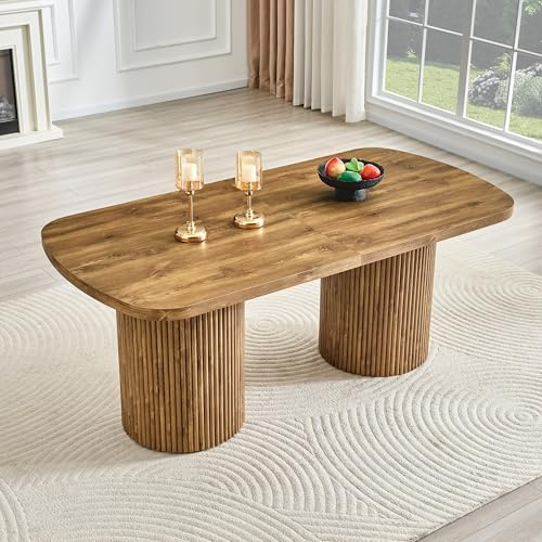 Jaxenor Ovaler Esstisch für 6-8 Personen, Esszimmertisch mit Geriffeltem Säulenfuß und Stauraum, Esszimmertische mit MDF-Oberfläche in Holzoptik für Küche und Wohnzimmer, Kleine Wohnungen, Holzfarbe