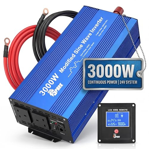 Spark 24V to 240V Power Inverter 3000W | 6000W Peak Modified Sine Wave Truck Converter with LCD Remote Display, USB Port & Smart Cooling Fans for HGV, Lorry, and 24 Volt Battery