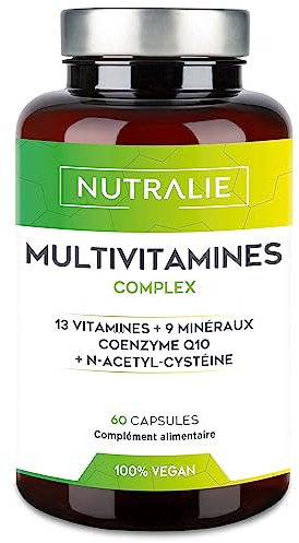 MULTIVITAMINES et Minéraux - Multi Vitamines Complètes pour Adultes Homme et Femme - Vitamines A B C D E K Zinc, Magnésium, Biotine et Q10 | 60 Gélules Veganes Bio-disponibles NUTRALIE (Sans goût)