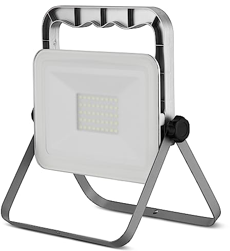 REV MIRANO LED Strahler - Arbeitslampe IP65 klappbar, Baustrahler 30W, 2700lm, 6500K, Zuleitung 180cm, silber