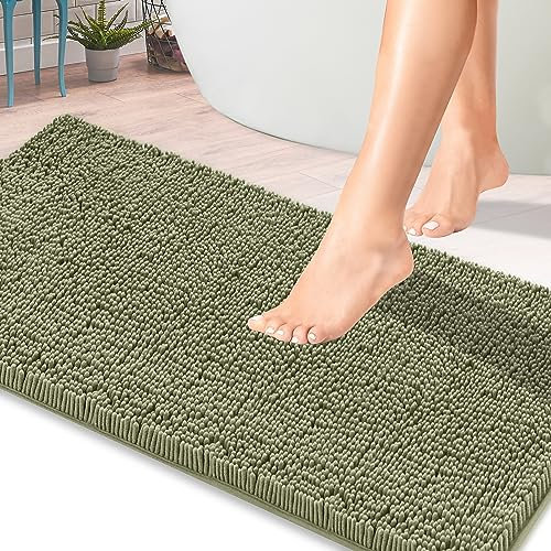 ITSOFT Chenille Bath Mat, Non Slip, Absorbent & Machine Washable Toilet Mat, Soft Plush Bath Rug, Bathroom Accessory (61x43cm, Sage Green)