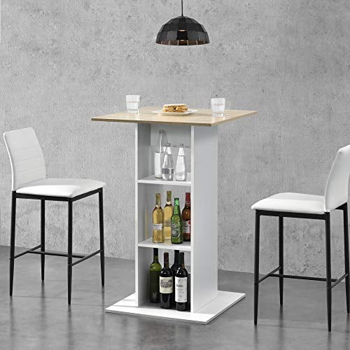 [en.casa] Bartisch 'Visby' Quadratisch 110x70x70cm Bistrotisch mit 3 Regalfächern Stehtisch Bartheke Tresentisch Weiß/Eiche-Optik