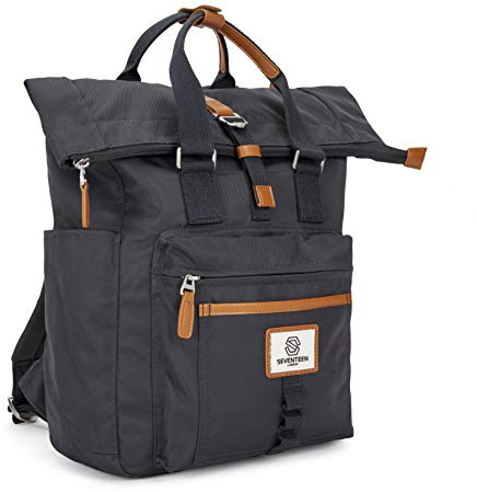 SEVENTEEN LONDON – 12L Laptop-Rucksack für Damen 15 Zoll Mädchen Jungen Schulrucksack Wasserabweisendes Nylon Gefalteten Roll Top Rucksack in Dunkelgrau für Universität/Reisen/Herren – 'Canary Wharf'