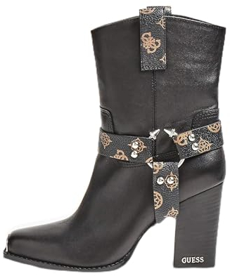 GUESS Scarpe Donna Stivaletto texano a Punta Quadrata TC 80 Flavia in Pelle Nero/Brown D21GU63