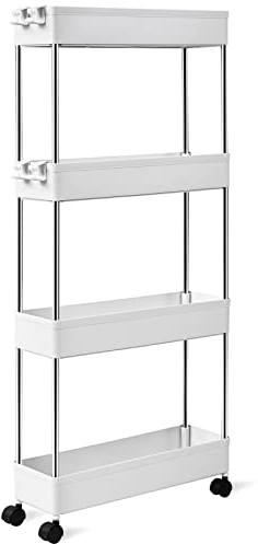 T-LOVENDO.ES Carro de Cocina Estrecho Alto con Ruedas. Carrito Auxiliar Organizador verdulero. Almacenaje Vertical cajones de plástico. 4 Niveles, Blanco.