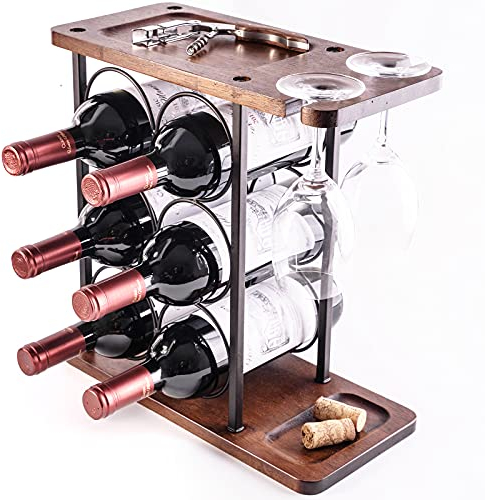 LINGLAN Weinregal für 6 Flaschen, Weinflaschenhalter, 3 Etagen, mit 2 Weingläsern.