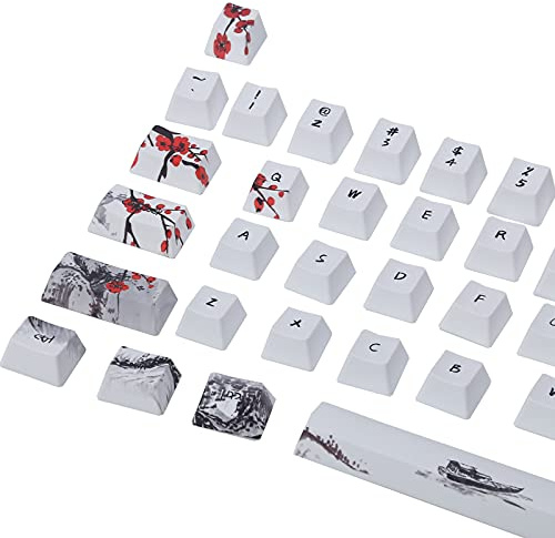 Zunate Pudding-Tastenkappen, PBT-Tastenkappen-Set für Mechanische DIY-Tastaturen, Pflaumenblüten-Thema Im Chinesischen Stil, 71-Tasten-Set, Kompatibel mit 61/64-Spezifikations-Tastatur