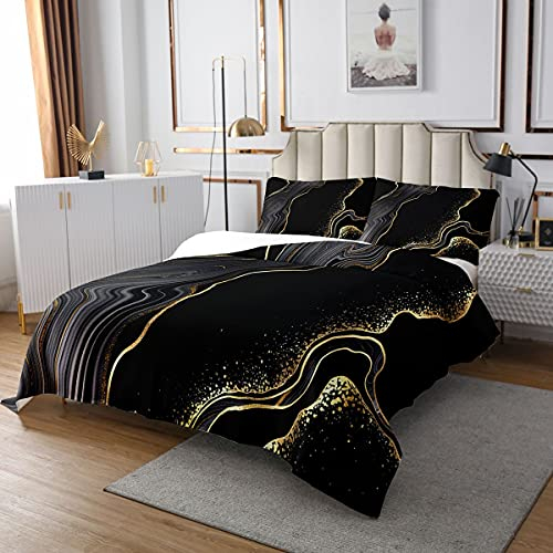 Homewish Marmor Tagesdecke 220x240, Damen Bronzing Stone Muster Tagesdecke Abstrakte Kunst Leicht gesteppt Für Kinder Jungen Teens Schlafzimmer, Schwarz Gold Weiche Mikrofaser Tagesdecke 3 Stücke