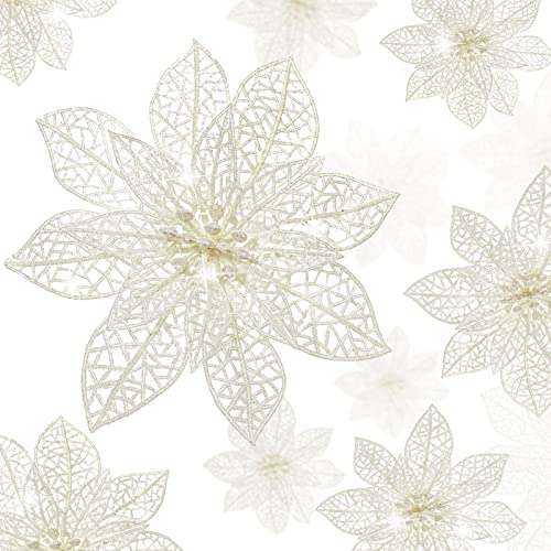 WILLBOND 36 Stücke Weihnachtsblumen Glitzer Weihnachtsstern Blumen Hochzeit Künstliche Glitzer Blumen Weihnachtsbaum Neujahr Ornamente (Weiß)