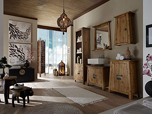 Woodkings® Badset Rangun 5-teilig, mit Waschbeckenunterschrank, Spiegel, Hängeschrank, Unterschrank, Hochschrank Echtholz Pinie Waschtischunterschrank Badmöbel Badezimmer Badschrank rustikal