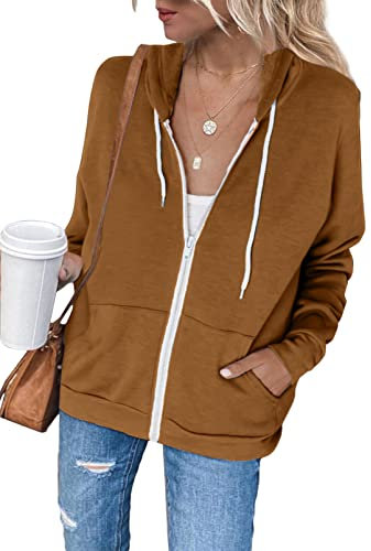 Uusollecy, felpa da donna, con cappuccio, in tinta unita, con cerniera intera, in stile casual, Marrone A, XL