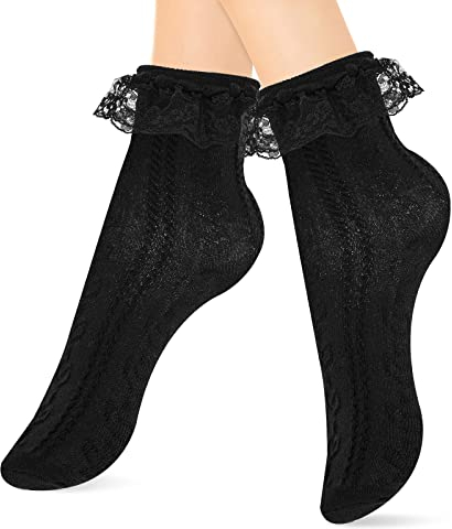Sibba Ruffle Liners Lace Ankle Socks 1 Pair Frilly Crew Elastic Cotton Sock Princess Fairy Goth Cuffs Cute Dress Valentines Christmas Easter Day Women Girls Schoolgirl Clothing Costume (Black)