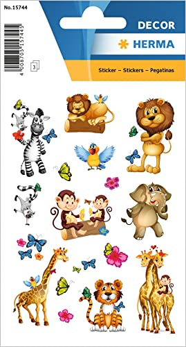 HERMA 15744 Aufkleber Dschungel klein, 51 Stück, Tiere Sticker mit Löwe Affe Elefant Giraffe Tiger Zebra Motiv, Kinder Etiketten für Fotoalbum Tagebuch Poesiealbum Scrapbooking Geburtstag Deko DIY